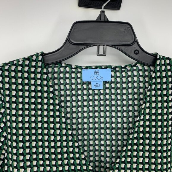 Cece Top Tie Sleeve V Neck Green Geometric Printed Blouse NWT - Picture 3 of 11